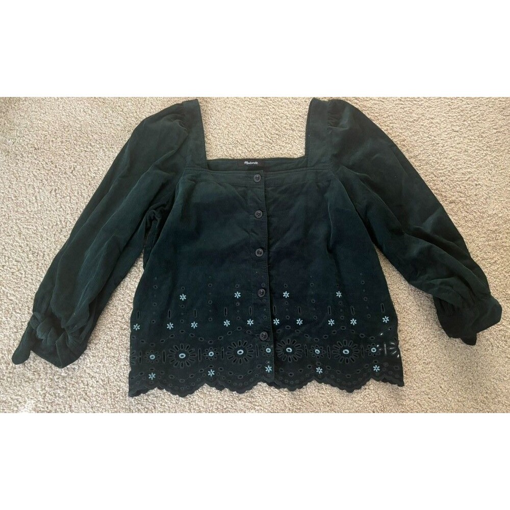 Madewell Green 3/4 Sleeve Corduroy Square Neck Blouse Top Boho Size Medium